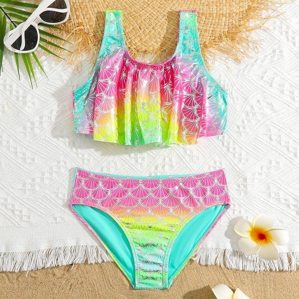 Wonder Nation Girls Mermaid Bikini Set Size M (7-8) Rainbow Foil Scales 2-Piece